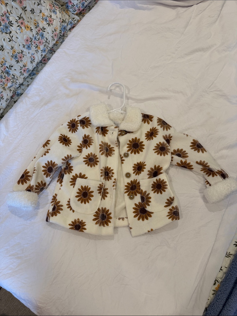 Catherine Malandrino Cream Floral Sherpa-Trim Pea Coat